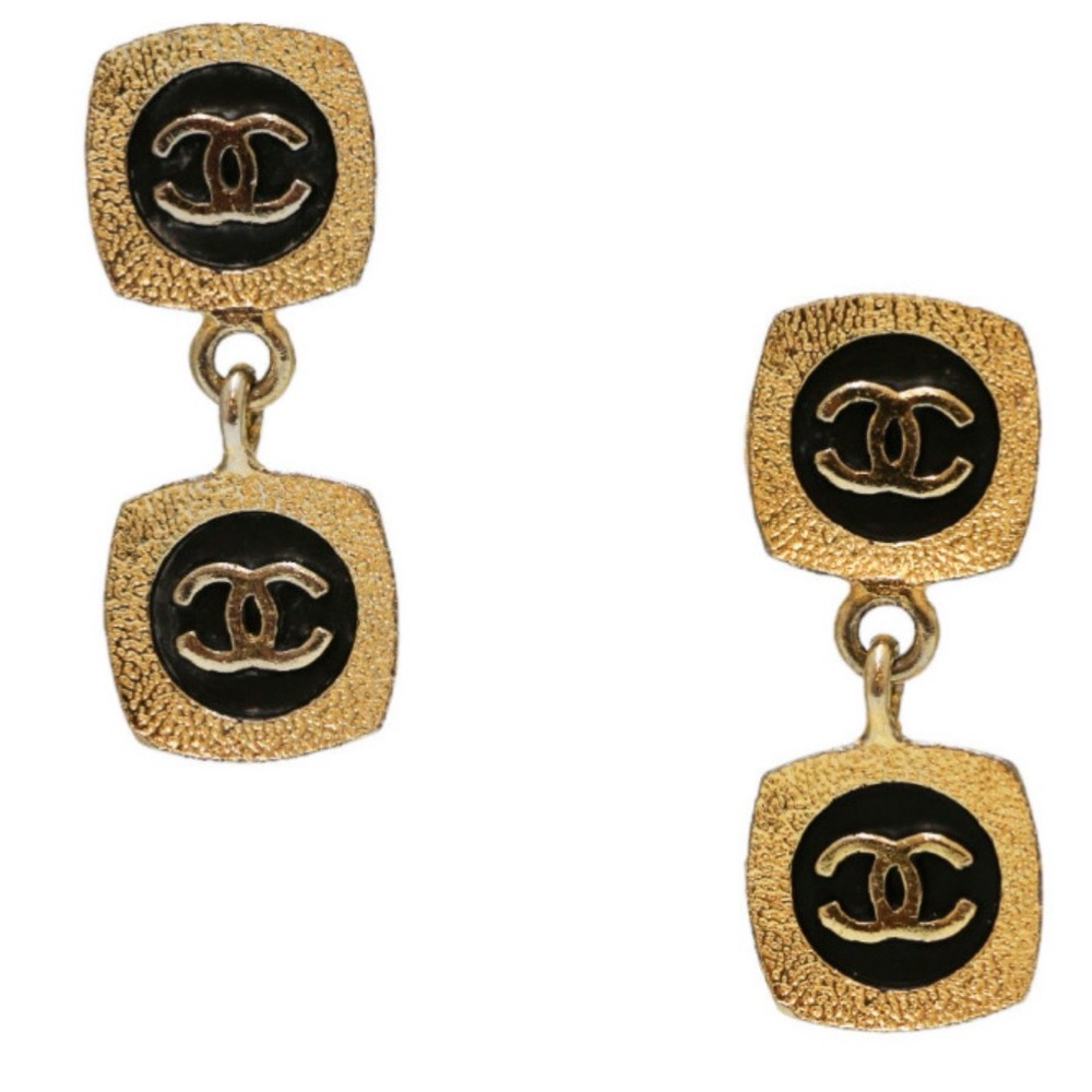 CHANEL Vintage Gold and Black Logo Clip On Earrings